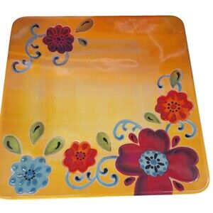 Laurie Gates Square Plate Melamine Embossed Flowers Yellow Red Blue